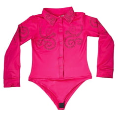 Body Feminino Radade Arabescos Rosa Manga Longa Com Strass