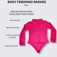 Body Feminino Radade Arabescos Rosa Manga Longa Com Strass