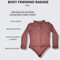 Body Feminino Radade Arabescos Rose Manga Longa Com Strass