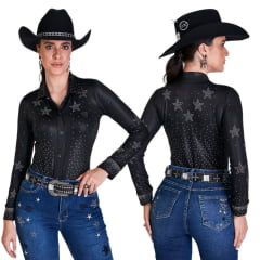 Body Feminino Radade Star Preto Manga Longa Com Strass