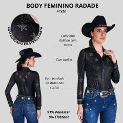 Body Feminino Radade Star Preto Manga Longa Com Strass