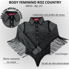 Body Feminino Roz Country Preto Com Colarinho Punho Bordados E Franjas R:251