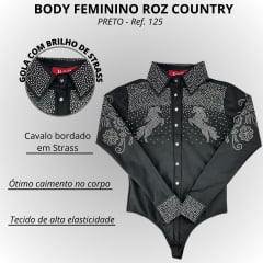 Body Feminino Roz Country Preto Manga Longa Com Colarinho E Punho Bordados E Cavalos Com Brilho R:125