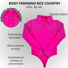 Body Feminino Roz Pink Manga Colarinho e Punho Bordado Em Strass R.244