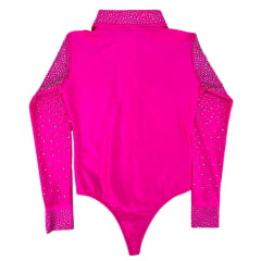 Body Feminino Roz Pink Manga Colarinho e Punho Bordado Em Strass R.244