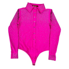 Body Feminino Roz Pink Manga Colarinho e Punho Bordado Em Strass R.244