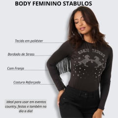 Body Feminino Stabulos Preto Manga Longa Com Bordado Brilho e Franjas Ref.STB428