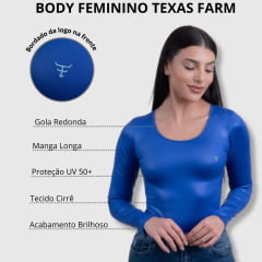 Body Feminino Texas Farm Azul Royal Manga Longa Cirrê Foremost Ref.BOM002