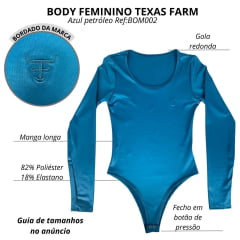 Body Feminino Texas Farm Cirre Fore Most Azul Petróleo Manga Longa Logo Pequeno Ref:BOM002