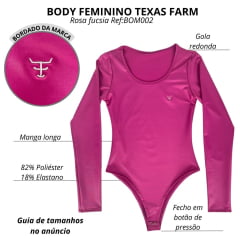 Body Feminino Texas Farm Cirre Fore Most Rosa Fuscia Manga Longa Logo Pequeno Ref:BOM002