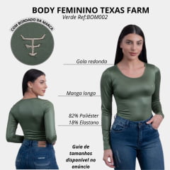 Body Feminino Texas Farm Cirrê Fore Most Verde Broto Manga Longa Ref:BOM002