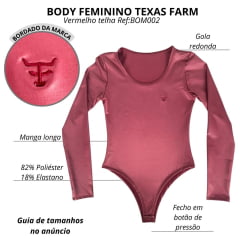 Body Feminino Texas Farm Cirre Fore Most Vermelho Telha Manga Longa Logo Pequeno Ref:BOM002