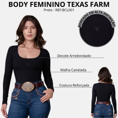 Body Feminino Texas Farm Neutral Canelado Manga Longa Preto REF:BCL001
