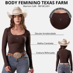 Body Feminino Texas Farm Neutral Canelado Marrom Café Logo Dourado Manga Longa REF:BCL001