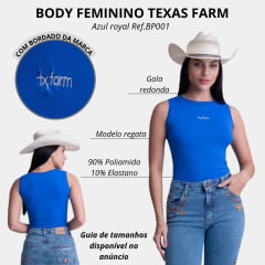 Body Feminino Texas Farm Sem Manga Poliamida UV50+ Azul Royal Bordado Em Branco Ref BP001