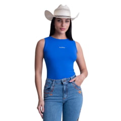 Body Feminino Texas Farm Sem Manga Poliamida UV50+ Azul Royal Bordado Em Branco Ref BP001