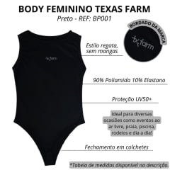 Body Feminino Texas Farm Sem Manga Poliamida UV50+ Preto Com Logo Bordado Em Cinza REF: BP001