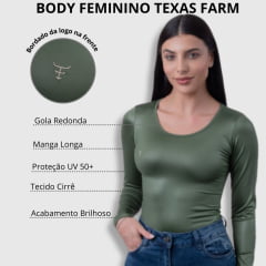 Body Feminino Texas Farm Verde Militar Manga Longa Cirrê Foremost Ref.BOM002