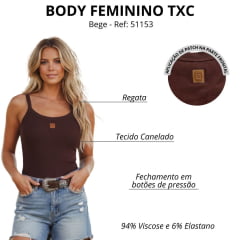 Body Feminino TXC Slim Malha Viscose Canelada Marrom Alça Logo Aplicada Ref: 51212