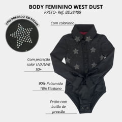 Body Feminino West Dust Manga Longa Preto Com Colarinho Bordado De Estrelas Em Strass Ref: BD28409