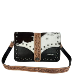 Bolsa Feminina Goyazes Couro Bison Café Couro Pelo Bovino Detalhe Couro Entalhado Ref:B-2519-8