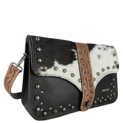 Bolsa Feminina Goyazes Couro Bison Café Couro Pelo Bovino Detalhe Couro Entalhado Ref:B-2519-8