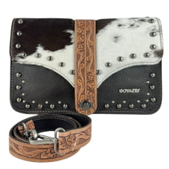 Bolsa Feminina Goyazes Couro Bison Café Couro Pelo Bovino Detalhe Couro Entalhado Ref:B-2519-8