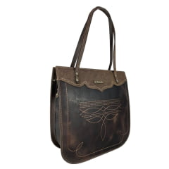 Bolsa Feminina Goyazes Couro Dallas Café Couro Strong Café Bordado Florão Ref:B-2506-4