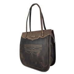 Bolsa Feminina Goyazes Couro Dallas Café Couro Strong Café Bordado Florão Ref:B-2506-4
