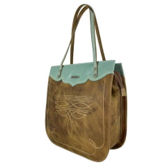 Bolsa Feminina Goyazes Couro Dallas Creme Waco Turquesa Com Bordado Florão Ref:B-2506-5