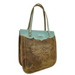 Bolsa Feminina Goyazes Couro Dallas Creme Waco Turquesa Com Bordado Florão Ref:B-2506-5