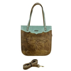 Bolsa Feminina Goyazes Couro Dallas Creme Waco Turquesa Com Bordado Florão Ref:B-2506-5