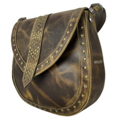 Bolsa Feminina Goyazes Couro Dallas Ocre Com Franjas E Tachinhas Ref:B-2502-3