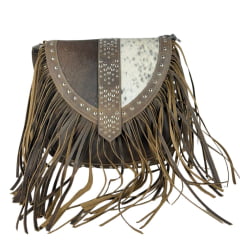 Bolsa Feminina Goyazes Couro Dallas Tabaco Couro Pelo Bovino Café Com Franjas E Tachinhas Prata Ref: B-2508-8