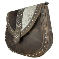 Bolsa Feminina Goyazes Couro Dallas Tabaco Couro Pelo Bovino Café Com Franjas E Tachinhas Prata Ref: B-2508-8