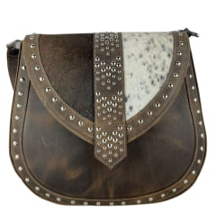 Bolsa Feminina Goyazes Couro Dallas Tabaco Couro Pelo Bovino Café Com Franjas E Tachinhas Prata Ref: B-2508-8
