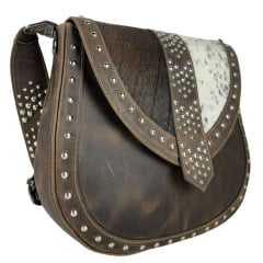 Bolsa Feminina Goyazes Couro Dallas Tabaco Couro Pelo Bovino Café Com Franjas E Tachinhas Prata Ref: B-2508-8