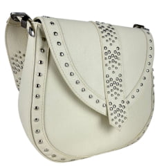 Bolsa Feminina Goyazes Couro Off White Com Franjas E Tachinhas Prata Ref: B-2502-6