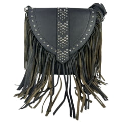 Bolsa Feminina Goyazes Couro Pit Stop Preto Com Franjas E Tachinhas Prata Ref: B-2502-1