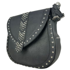 Bolsa Feminina Goyazes Couro Pit Stop Preto Com Franjas E Tachinhas Prata Ref: B-2502-1