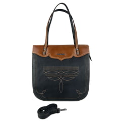 Bolsa Feminina Goyazes Couro Pit Stop Preto Couro Atlanta Caramelo Com Bordado Florão Ref:B-2506-1