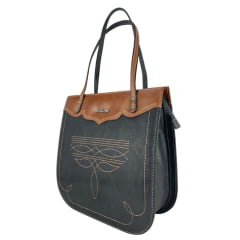 Bolsa Feminina Goyazes Couro Pit Stop Preto Couro Atlanta Caramelo Com Bordado Florão Ref:B-2506-1