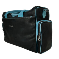 Bolsa Feminina Goyazes Grande 100% Couro Pit Stop Preto - B Destroyer Azul C/ Logo de Metal - Ref.B-2410-1