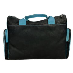 Bolsa Feminina Goyazes Grande 100% Couro Pit Stop Preto - B Destroyer Azul C/ Logo de Metal - Ref.B-2410-1