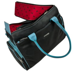 Bolsa Feminina Goyazes Grande 100% Couro Pit Stop Preto - B Destroyer Azul C/ Logo de Metal - Ref.B-2410-1