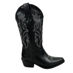 Bota Country Feminina La Mexicana Bico Fino Cano Alto Com Zíper Couro Preto Com Bordado Branco Sola Top Ruber Ref: 03515