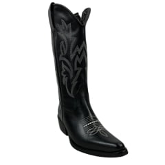 Bota Country Feminina La Mexicana Bico Fino Cano Alto Com Zíper Couro Preto Com Bordado Branco Sola Top Ruber Ref: 03515