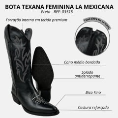 Bota Country Feminina La Mexicana Bico Fino Cano Alto Com Zíper Couro Preto Com Bordado Branco Sola Top Ruber Ref: 03515