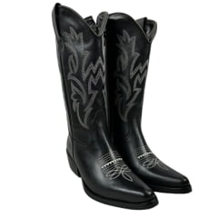 Bota Country Feminina La Mexicana Bico Fino Cano Alto Com Zíper Couro Preto Com Bordado Branco Sola Top Ruber Ref: 03515