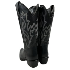 Bota Country Feminina La Mexicana Bico Fino Cano Alto Com Zíper Couro Preto Com Bordado Branco Sola Top Ruber Ref: 03515